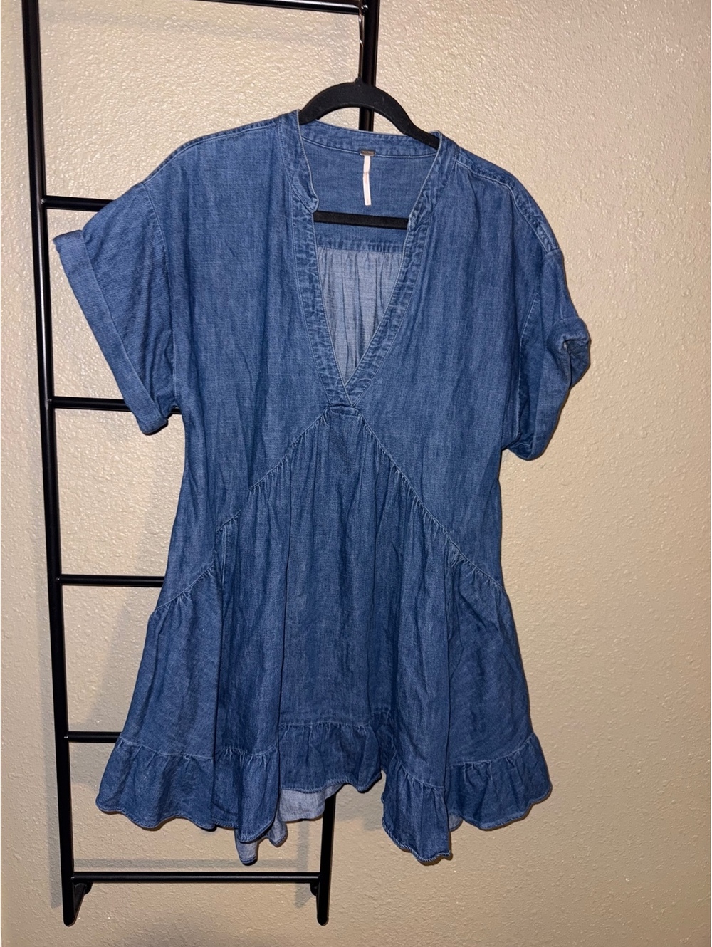 Free People Blue Chambray Denim Tiered Babydoll Mini Dress Size Small